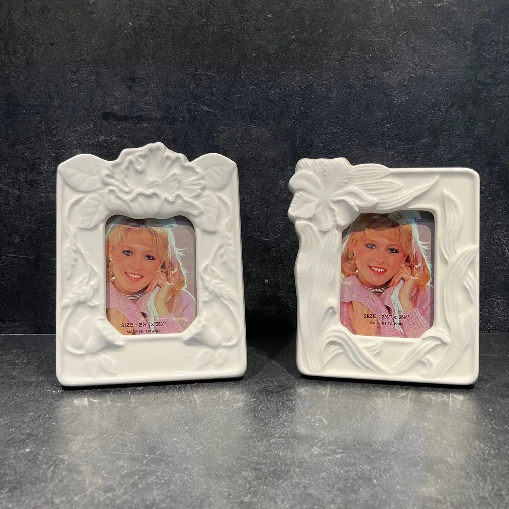 Vintage White Ceramic Floral Picture Frames Set of 2 Embossed Porcelain 2.5x3.5